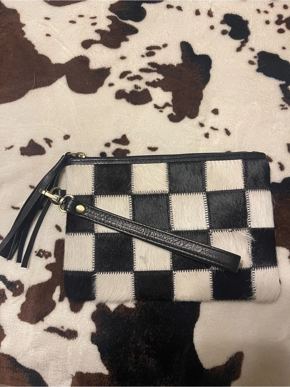 Black & White Cowhide Checker Wristlet Clutch Lippy - Women Bags